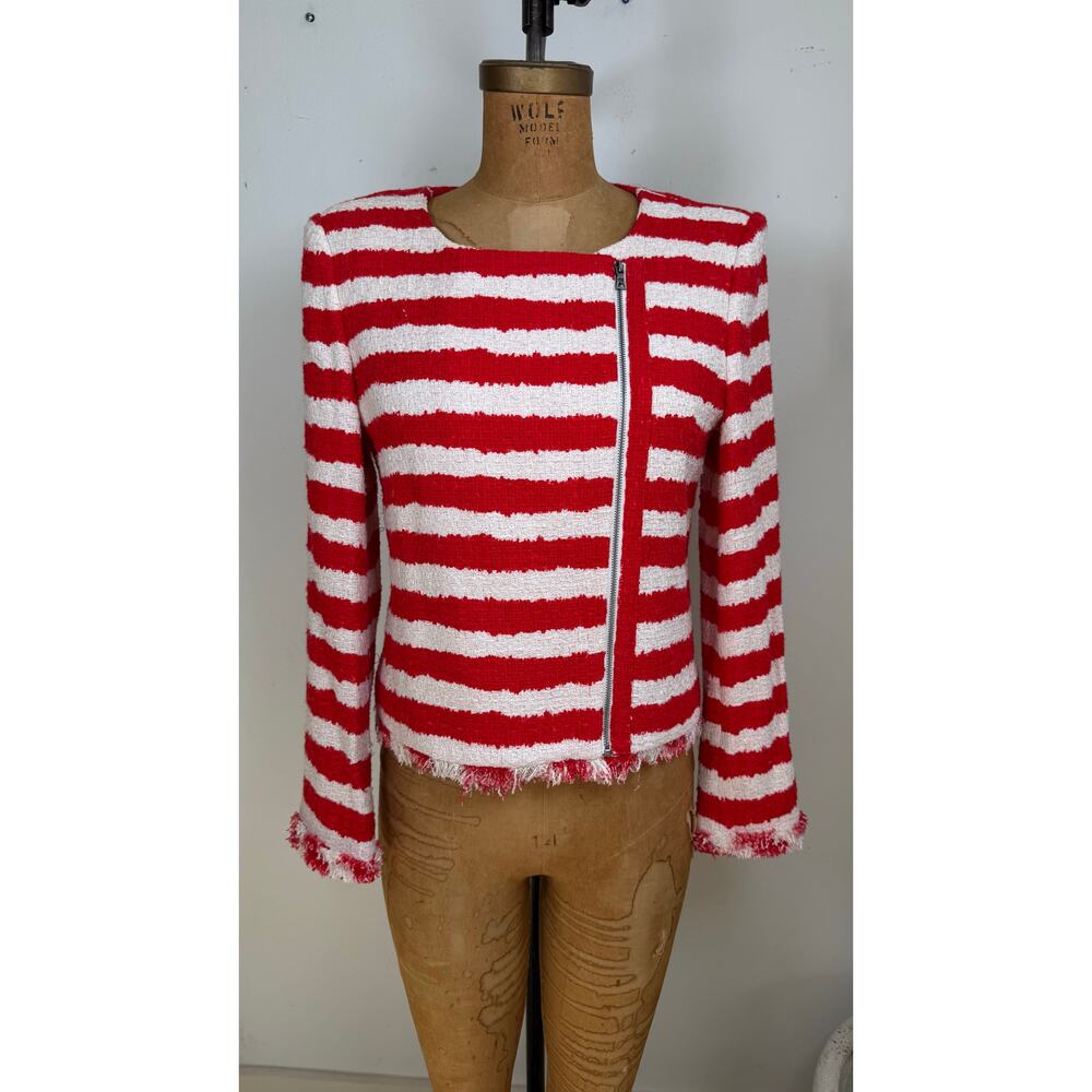 Alice + Olivia Stanton Stripe Tweed Jacket  Luxe Designer Statement Blazer Sz L